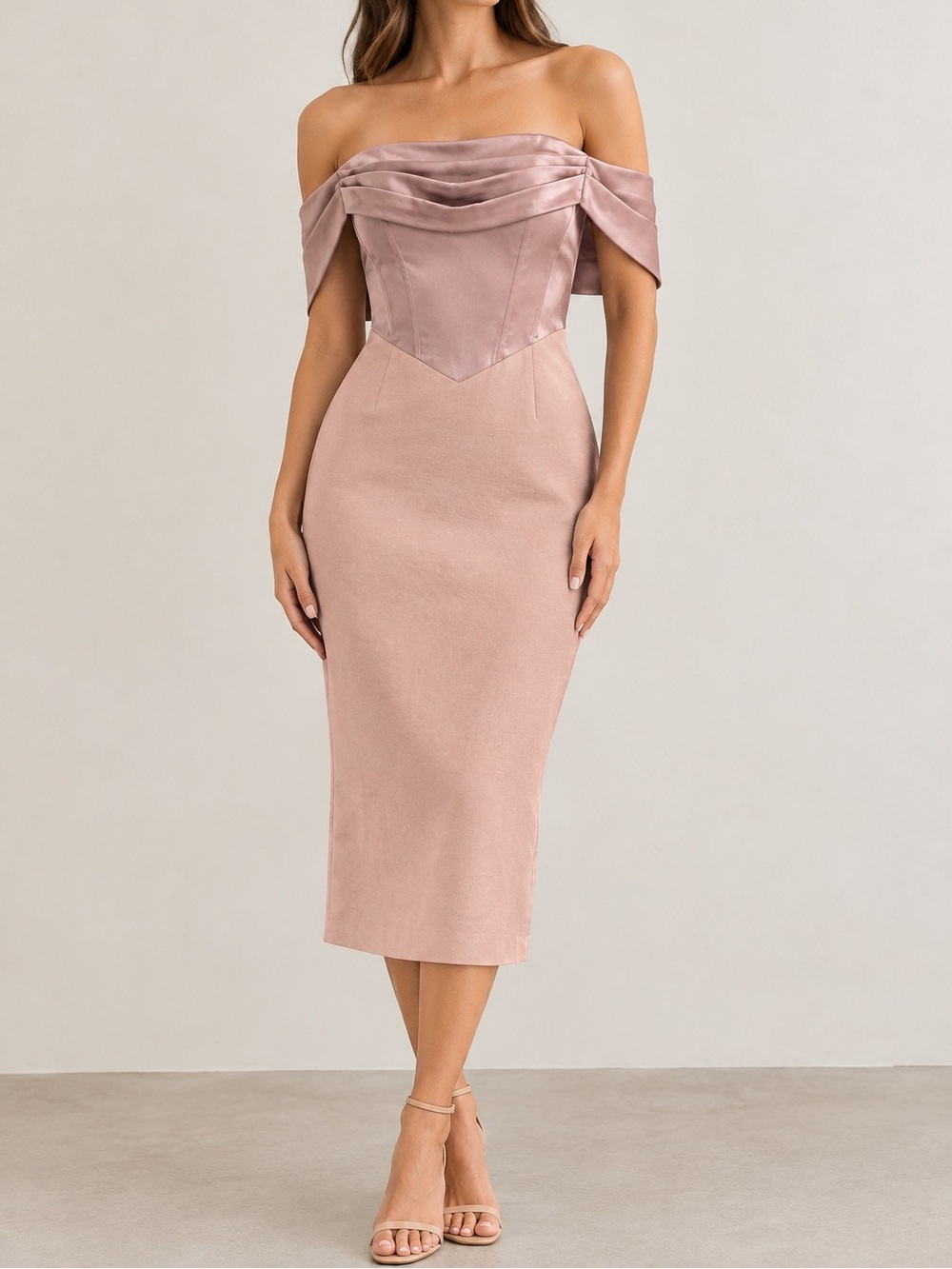 NWT Lavish Alice Mink Pleated Bardot Satin Mix Midi Dress